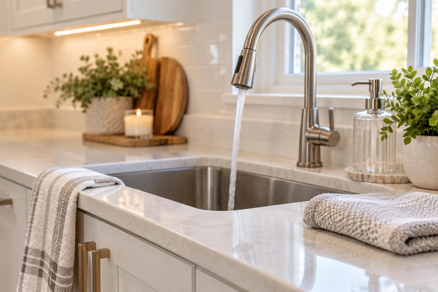 Spotless kitchen sink and countertop after professional cleaning