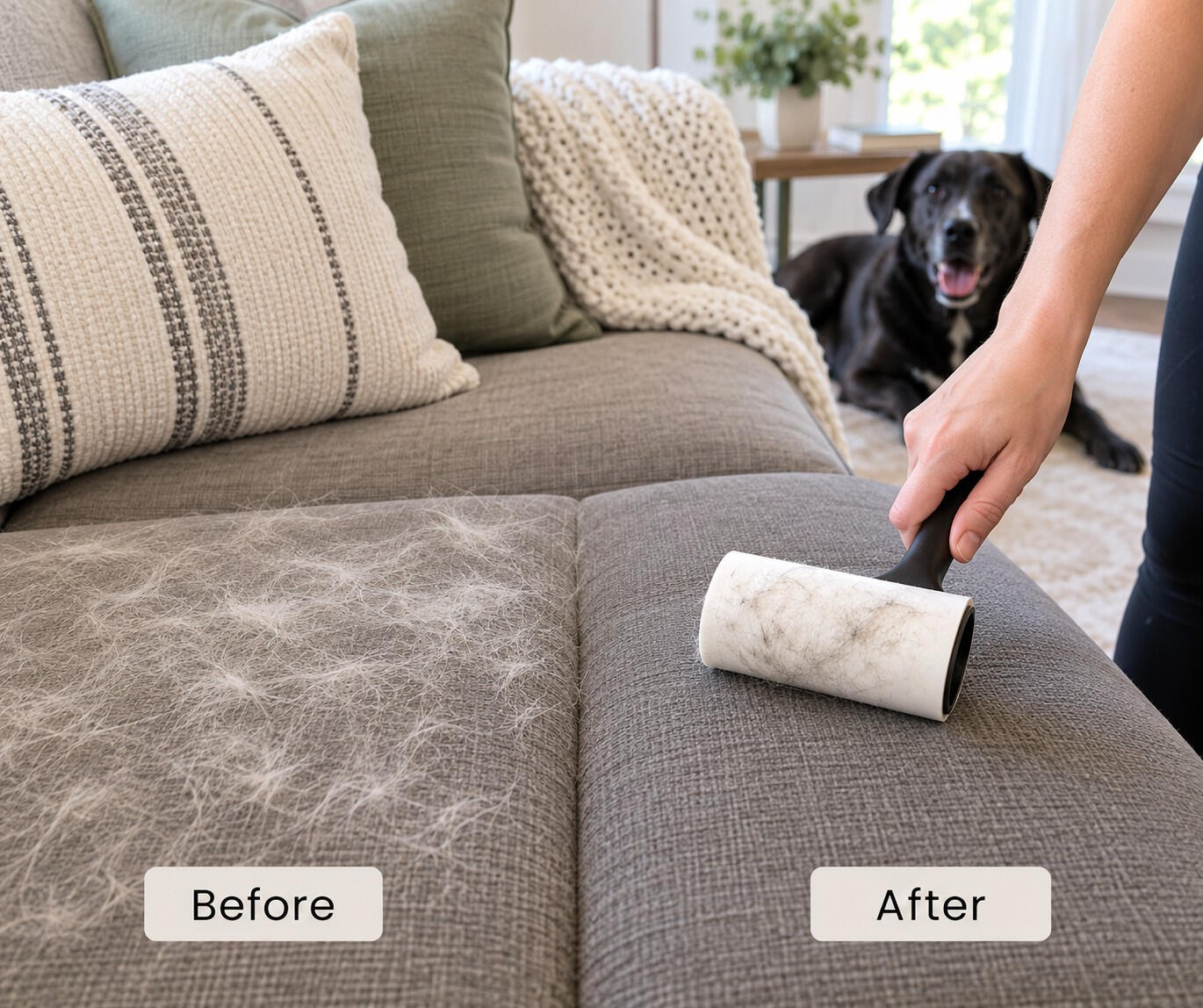 Dog hair being removed from a sofa with a lint roller by Sarah's Home Cleaning